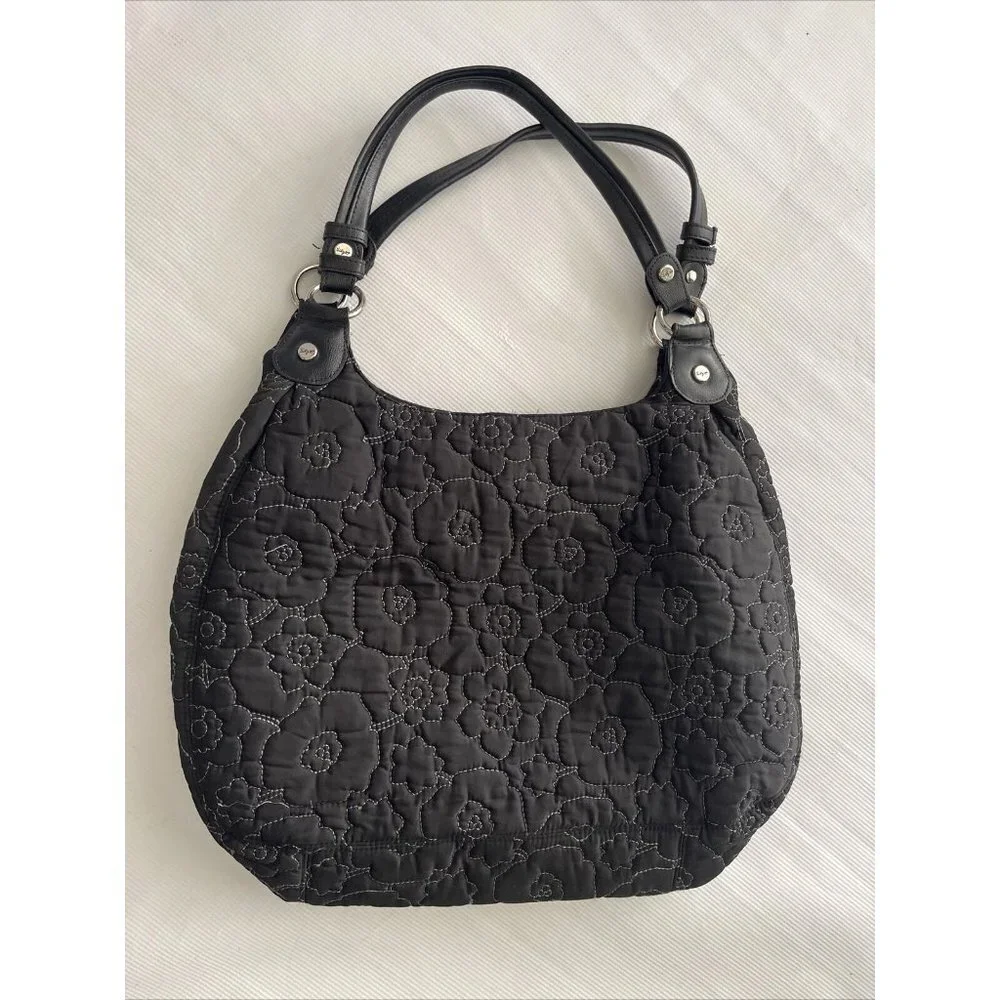 Thirty One Shoulder Bag Womens Black Flower‎ Poppy Quilted Hobo Purse 3 Sections